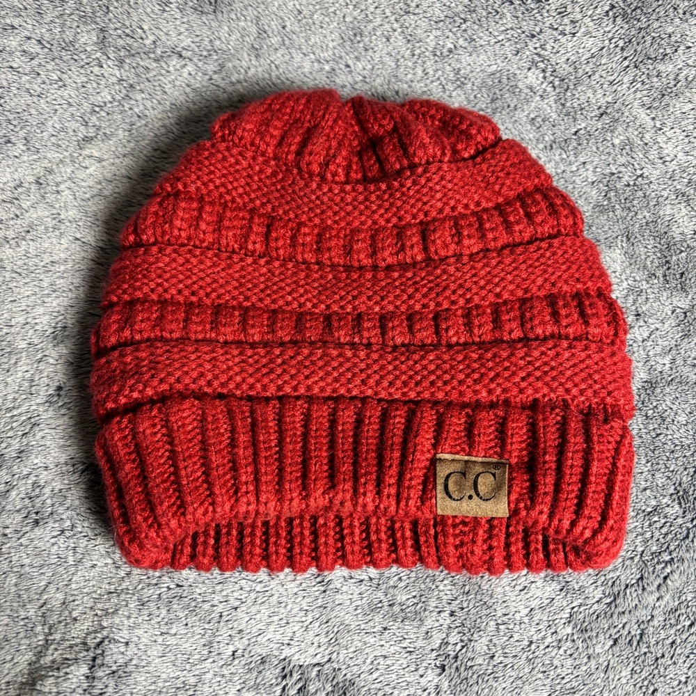 C.C. Red Cable Knit Beanie Hat Ribbed Cuffed‎ Winter Cap One Size